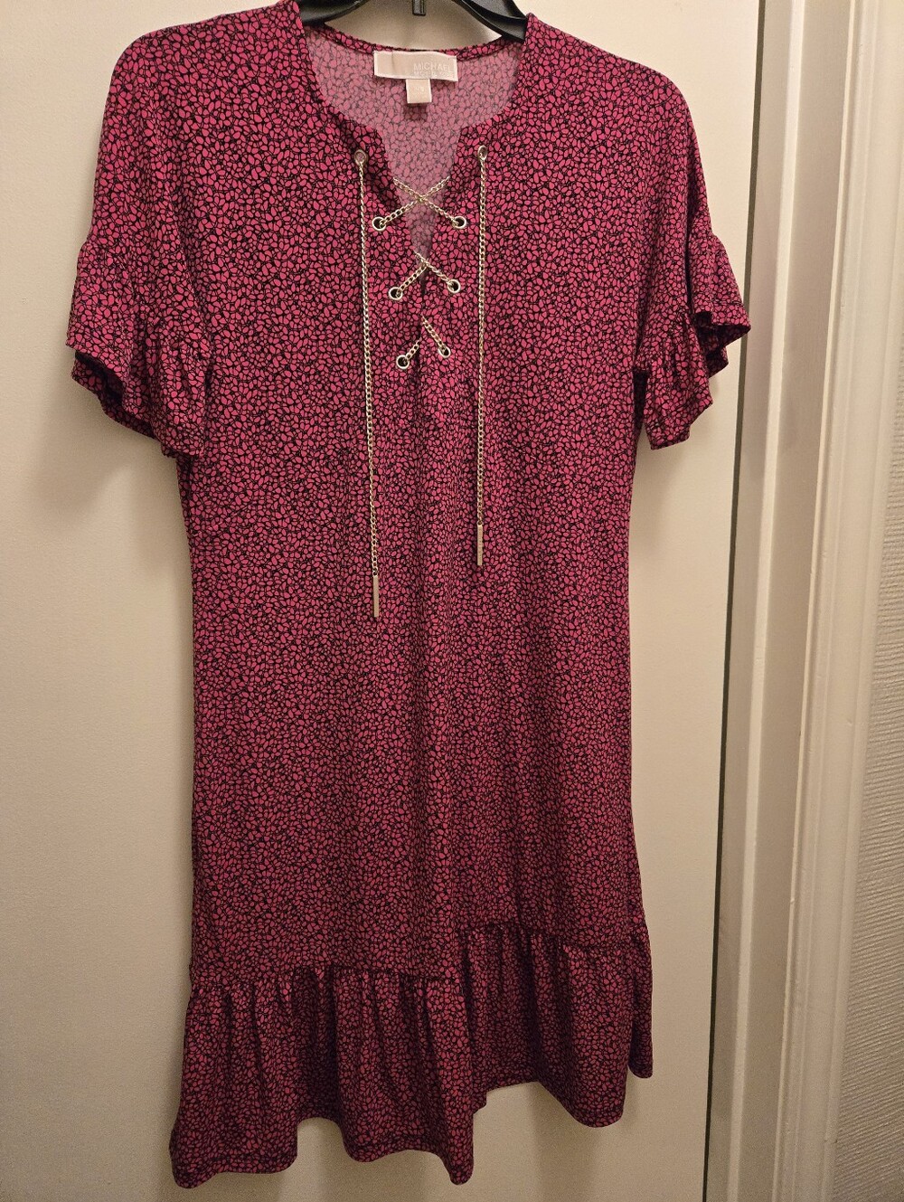 MICHAEL Michael Kors Pink Black Lace Up Chain Babydoll Ruffle Dress Size P/S